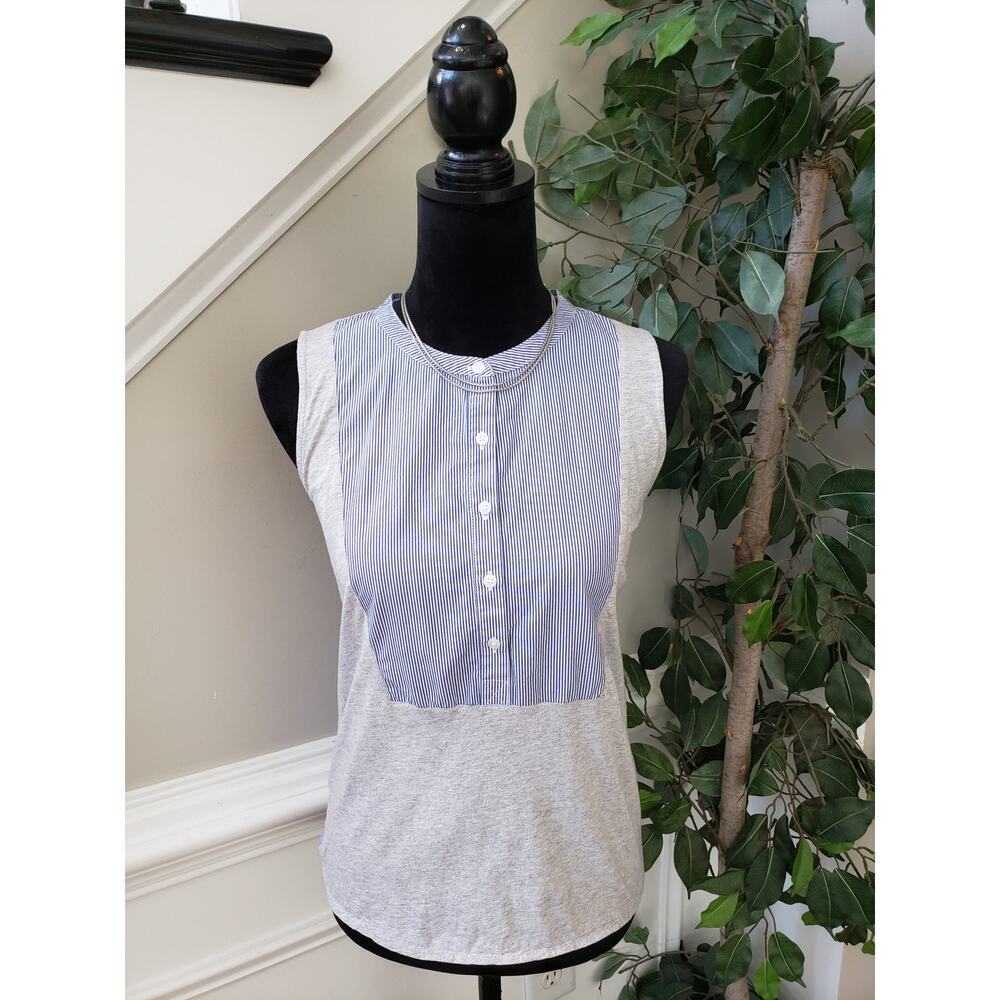 J. CREW Jersey Mixed Media Henley Tank Top Women M Blue Gray Stripe Button Front